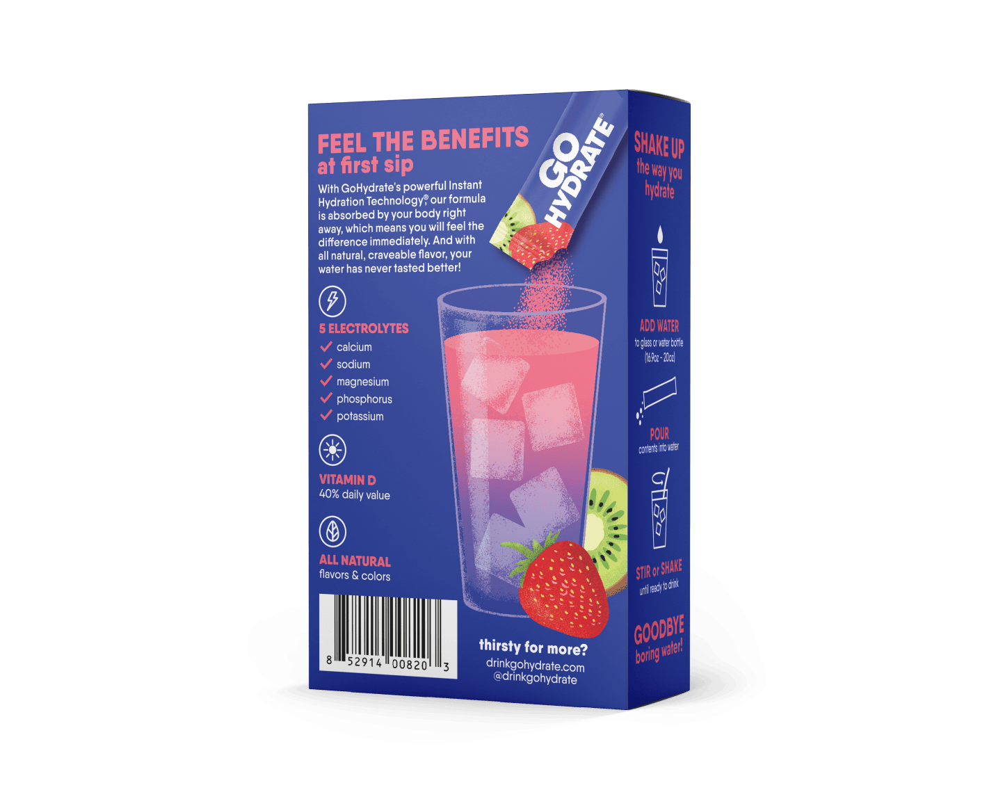 GoHydrate Kiwi Strawberry - 8pk Back of Box with benefits listed