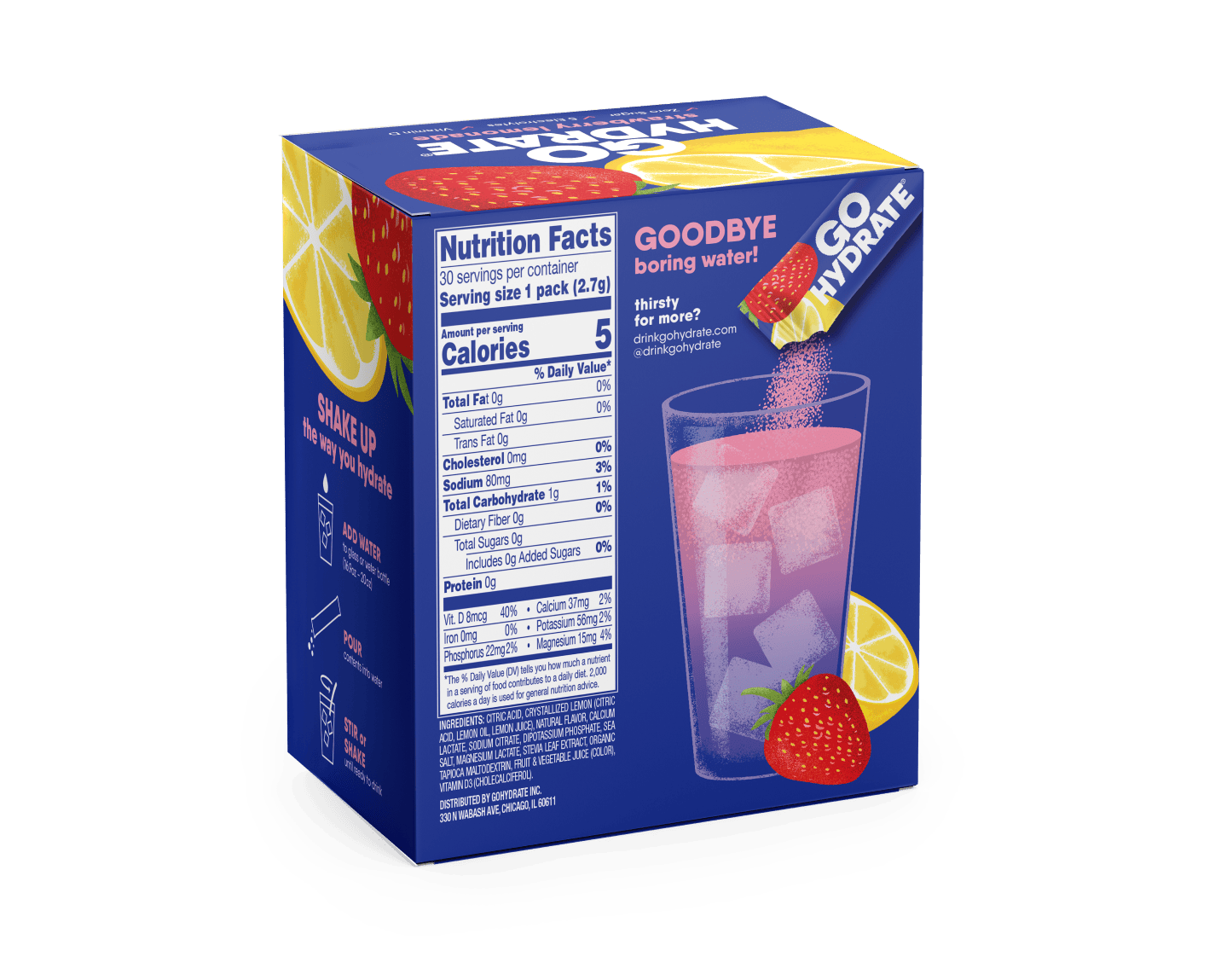 GoHydrate Strawberry Lemonade - Back of Box with nutrition facts